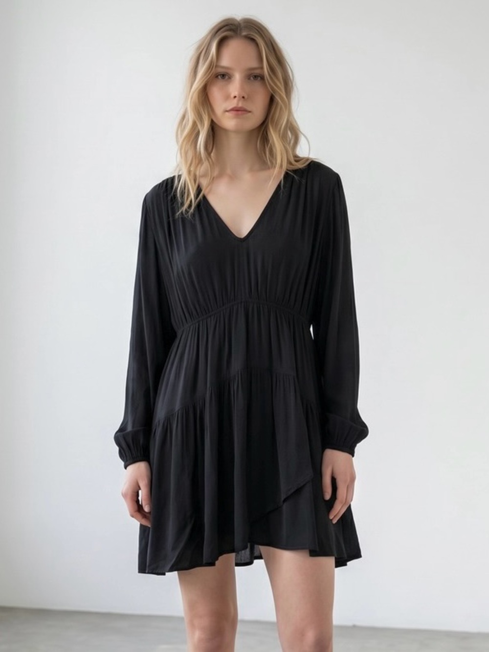 A New Day Womens Black Tiered V-Neck Long Sleeve Mini Dress L